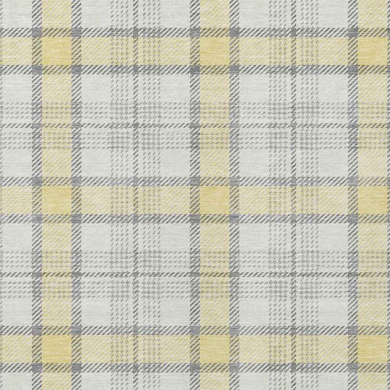 9' X 12' Yellow And Gray Plaid Washable Indoor Outdoor Area Rug