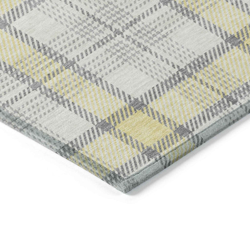9' X 12' Yellow And Gray Plaid Washable Indoor Outdoor Area Rug