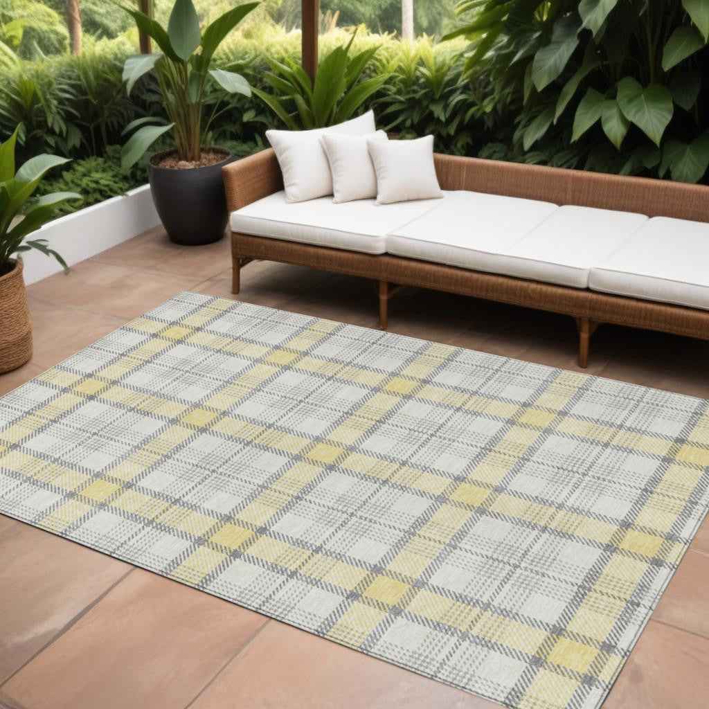 9' X 12' Yellow And Gray Plaid Washable Indoor Outdoor Area Rug