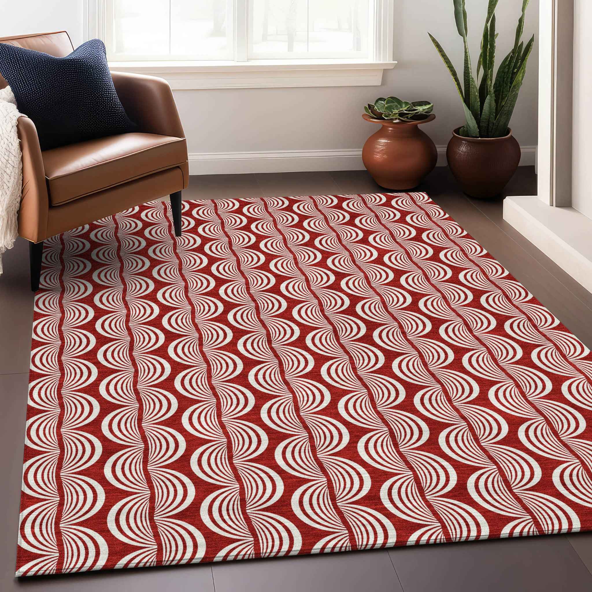 8' X 10' Red And Ivory Ogee Washable Indoor Outdoor Area Rug