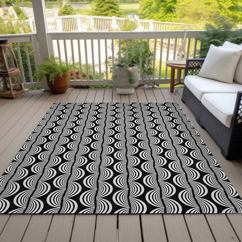 9' X 12' Black And Ivory Ogee Washable Indoor Outdoor Area Rug
