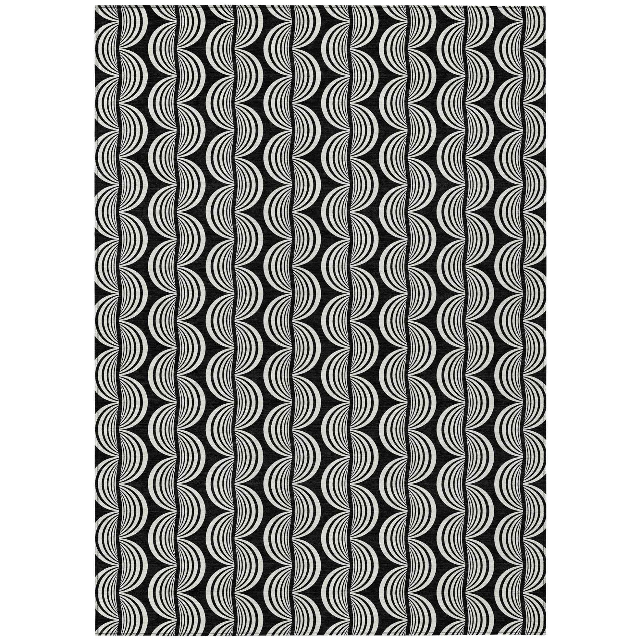 9' X 12' Black And Ivory Ogee Washable Indoor Outdoor Area Rug
