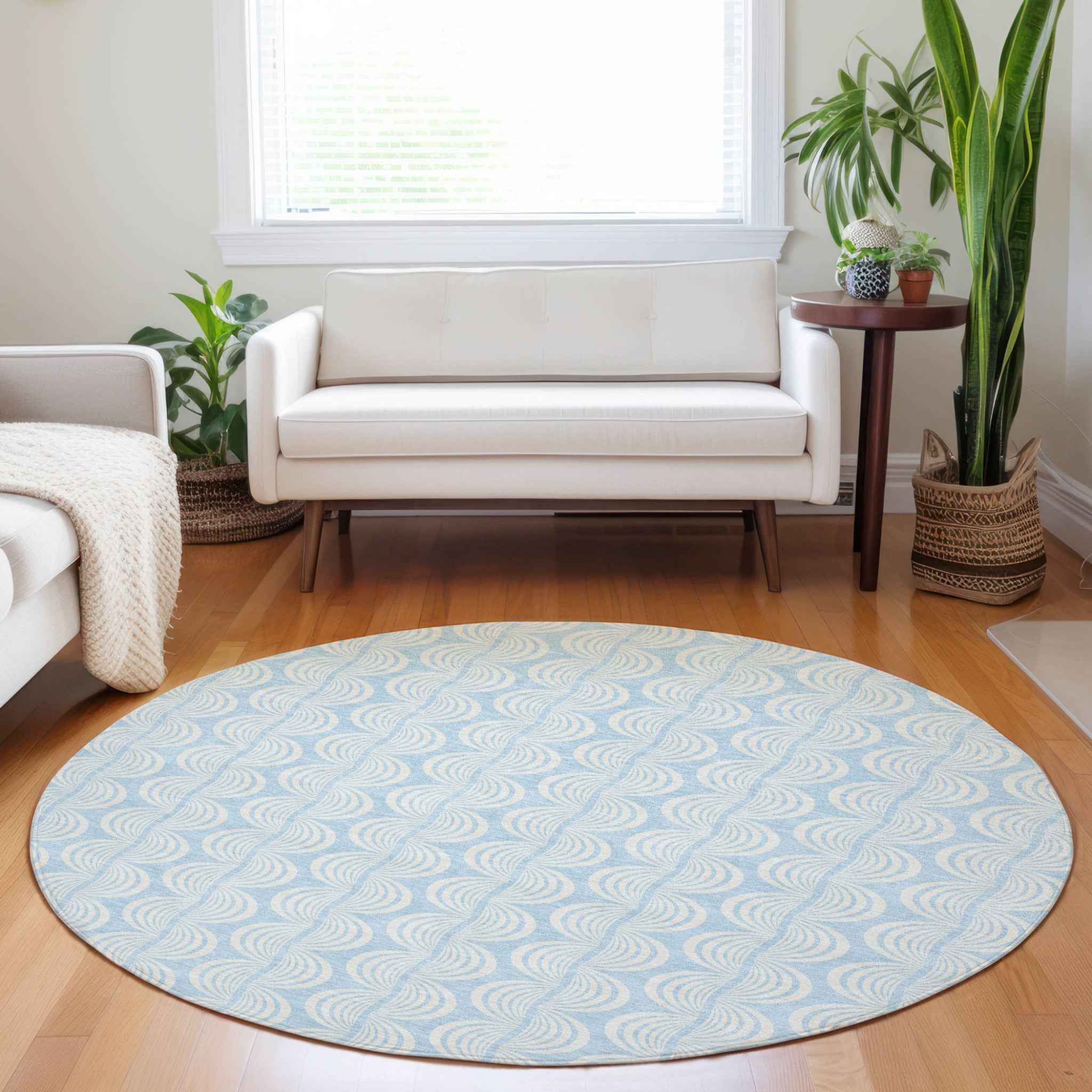 8' Sky Blue And Beige Round Ogee Washable Indoor Outdoor Area Rug
