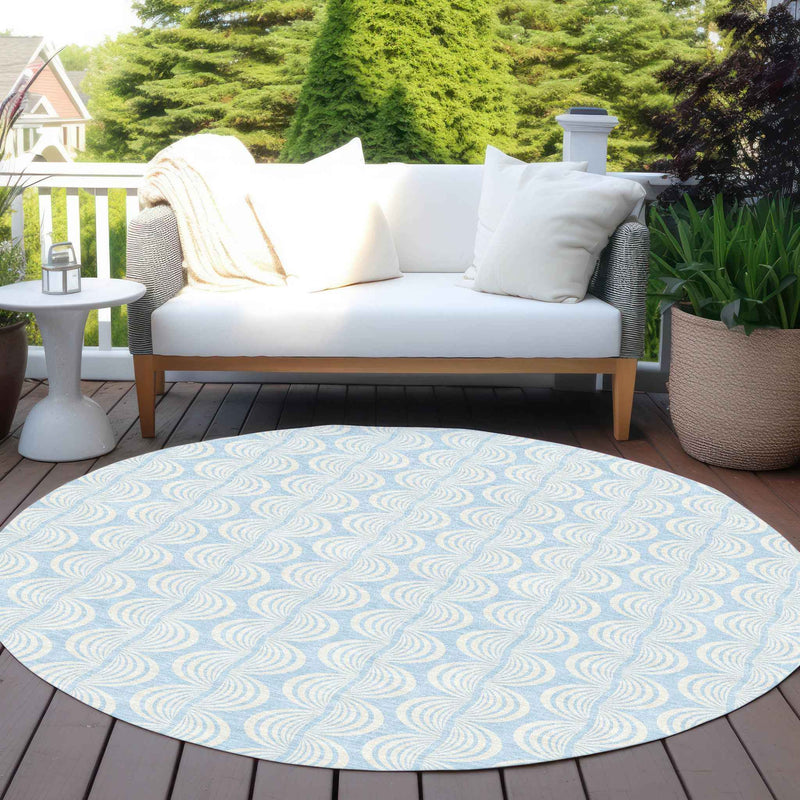 8' Sky Blue And Beige Round Ogee Washable Indoor Outdoor Area Rug