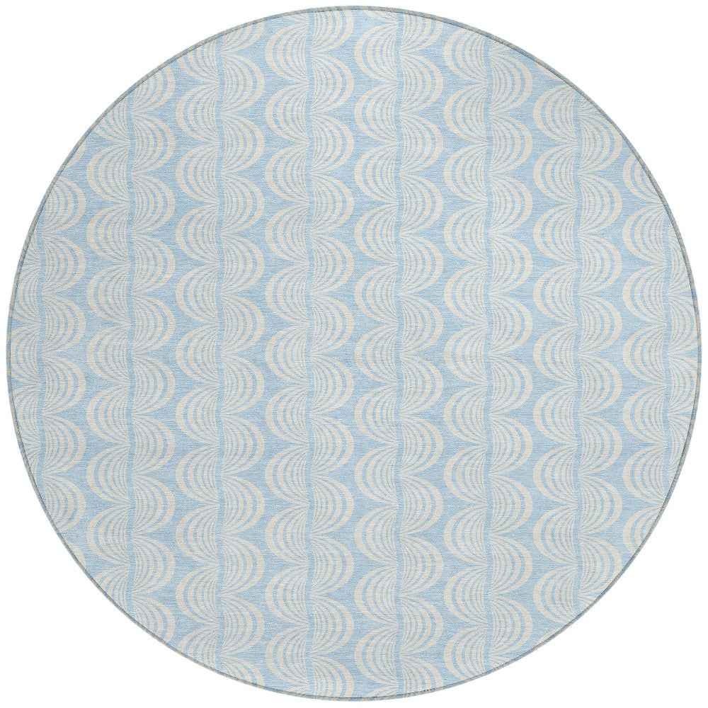 8' Sky Blue And Beige Round Ogee Washable Indoor Outdoor Area Rug