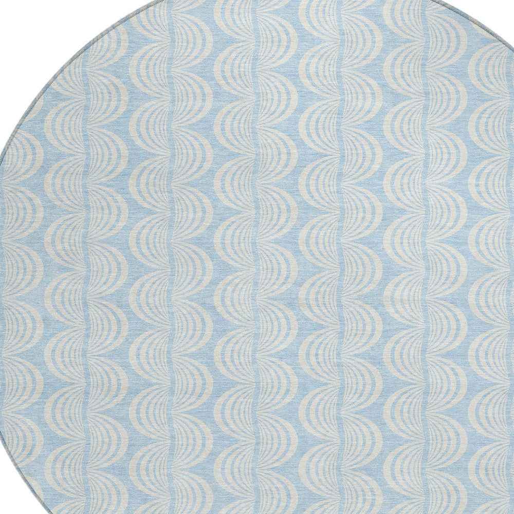 8' Sky Blue And Beige Round Ogee Washable Indoor Outdoor Area Rug