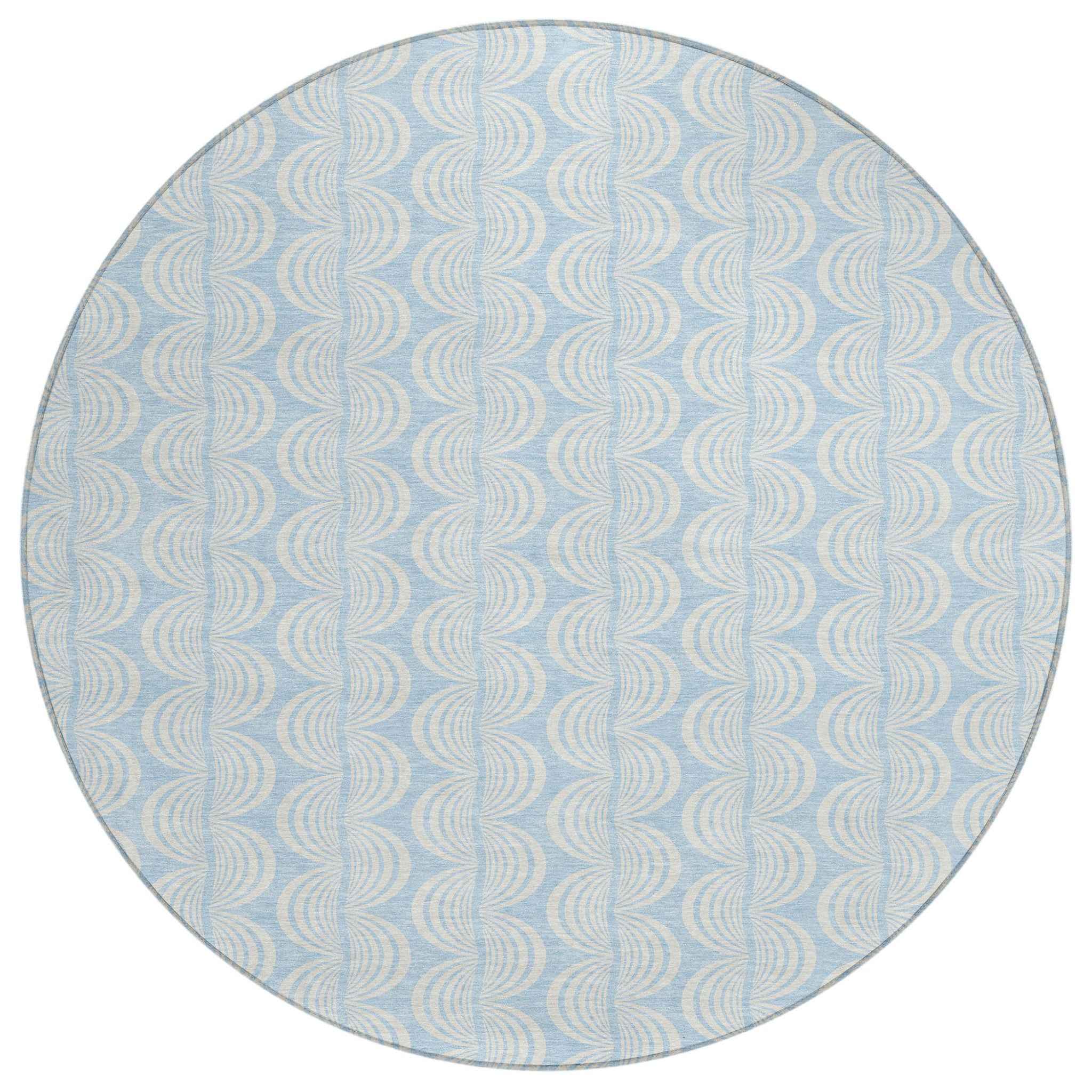 8' Sky Blue And Beige Round Ogee Washable Indoor Outdoor Area Rug