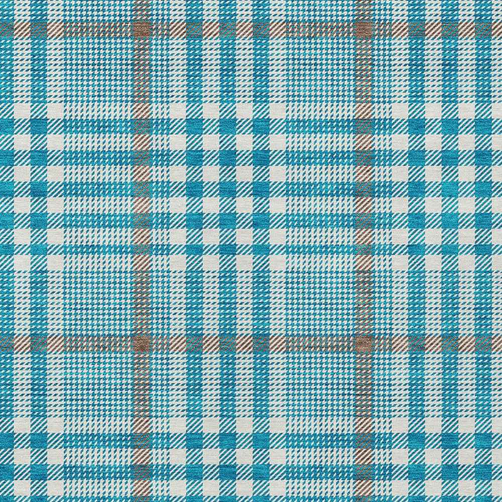 5' X 8' Teal Blue Ivory And Brown Plaid Washable Indoor Outdoor Area Rug