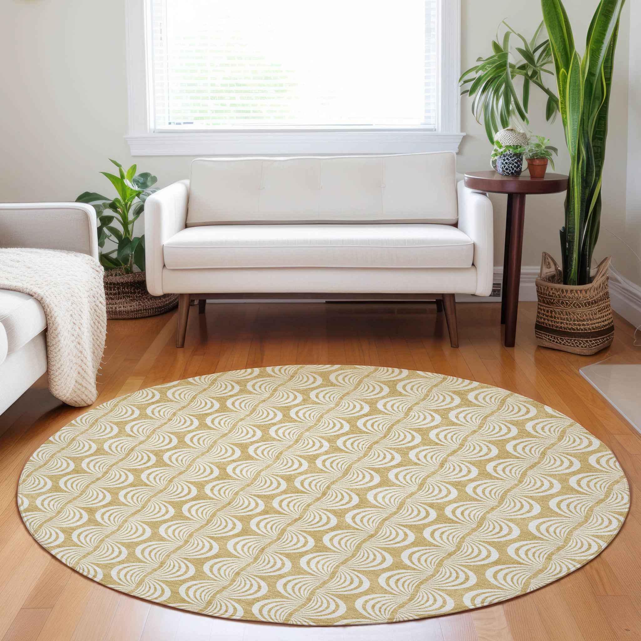 8' Gold And Beige Round Ogee Washable Indoor Outdoor Area Rug