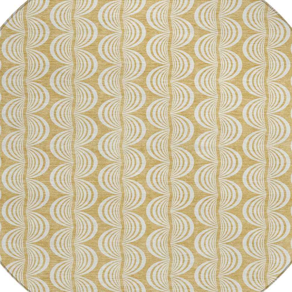 8' Gold And Beige Round Ogee Washable Indoor Outdoor Area Rug