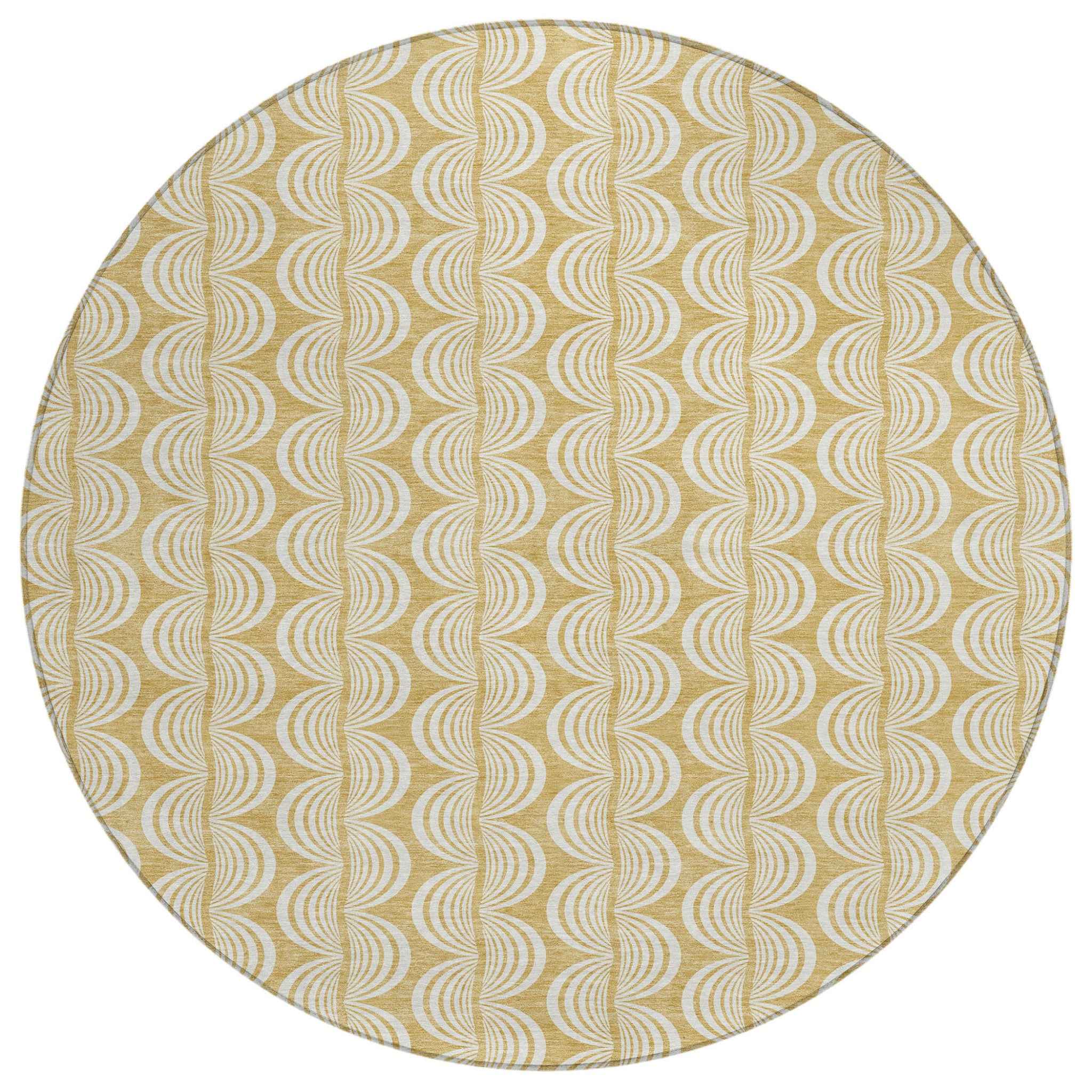 8' Gold And Beige Round Ogee Washable Indoor Outdoor Area Rug