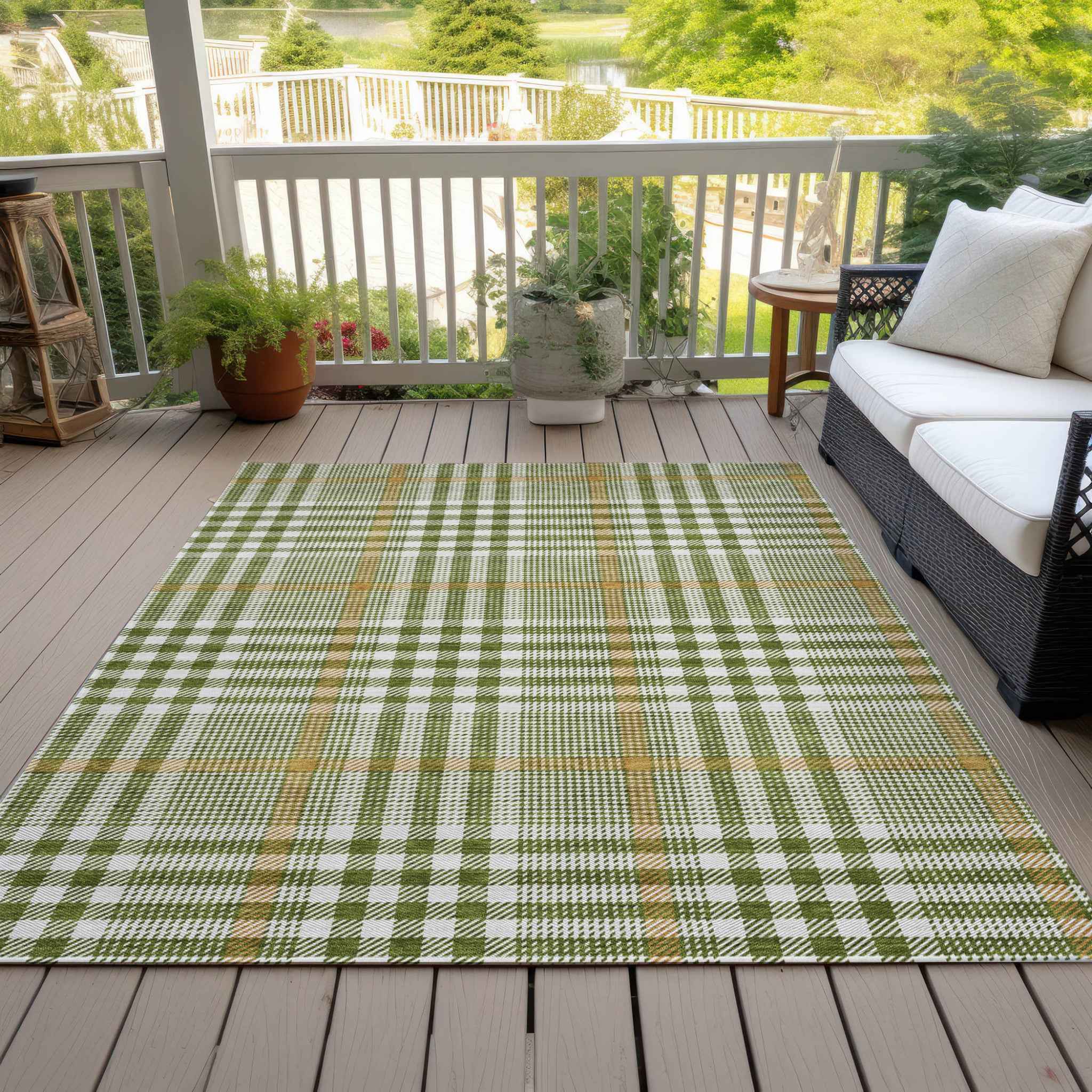 8' X 10' Olive Green Brown And Ivory Plaid Washable Indoor Outdoor Area Rug