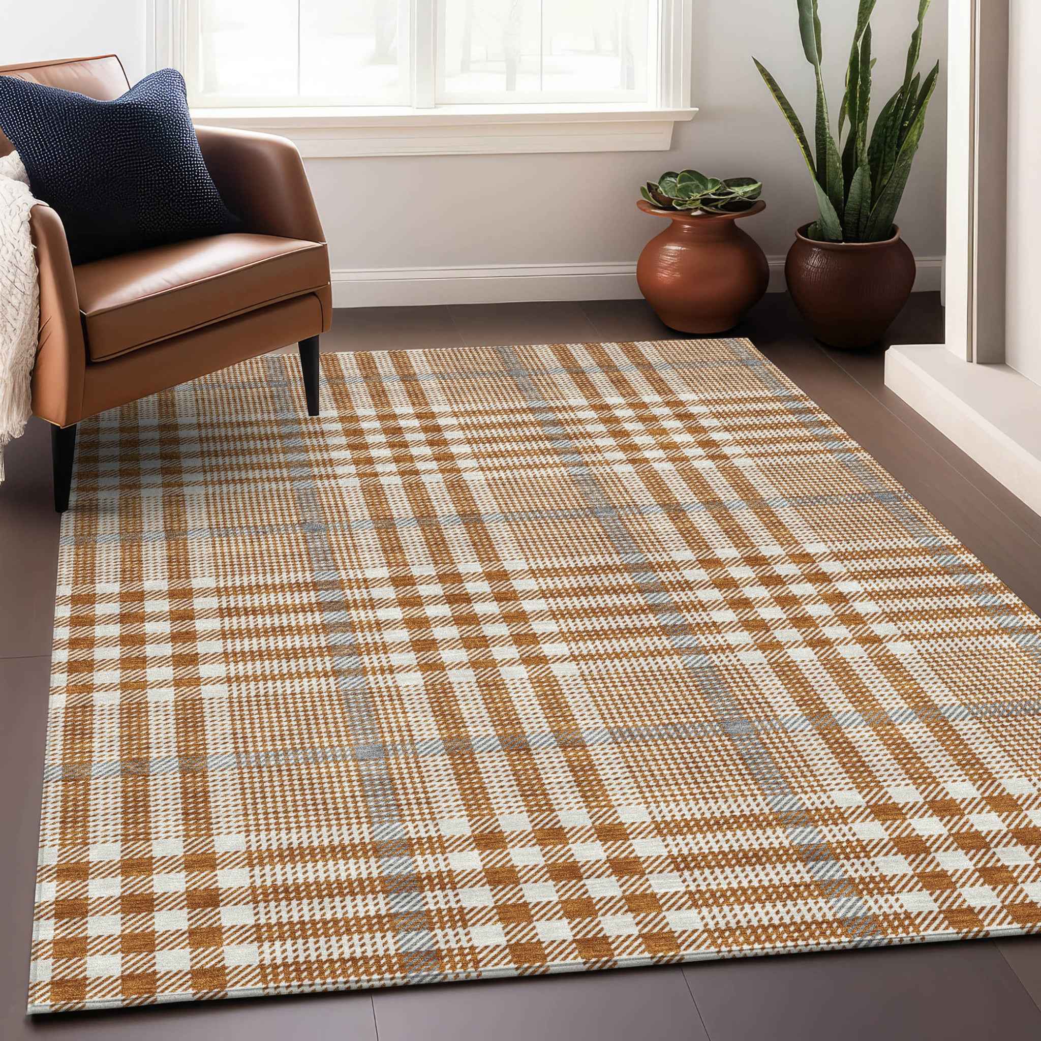 9' X 12' Brown Beige And Beige Plaid Washable Indoor Outdoor Area Rug
