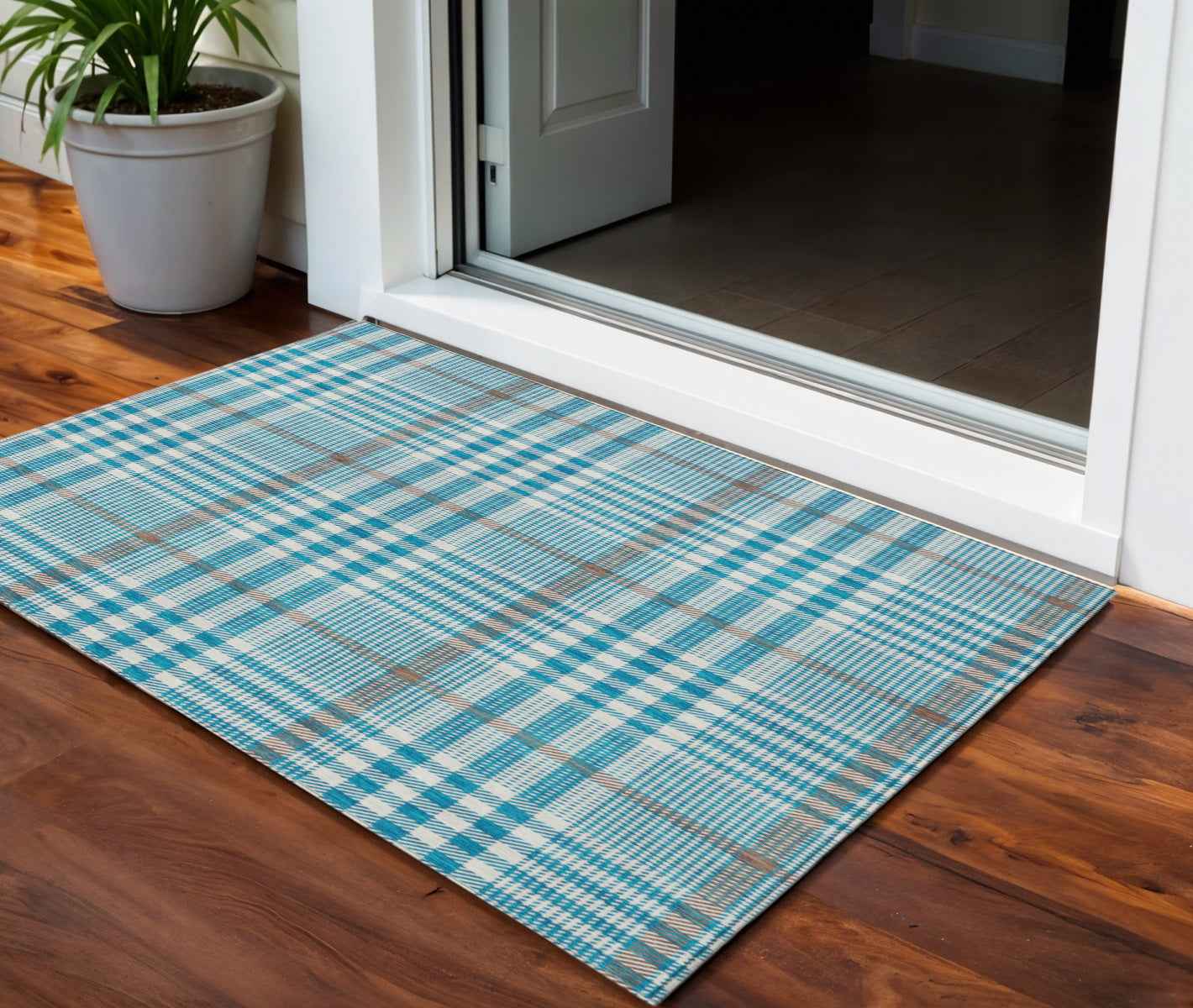 3' X 5' Teal Blue Ivory And Brown Plaid Washable Indoor Outdoor Area Rug