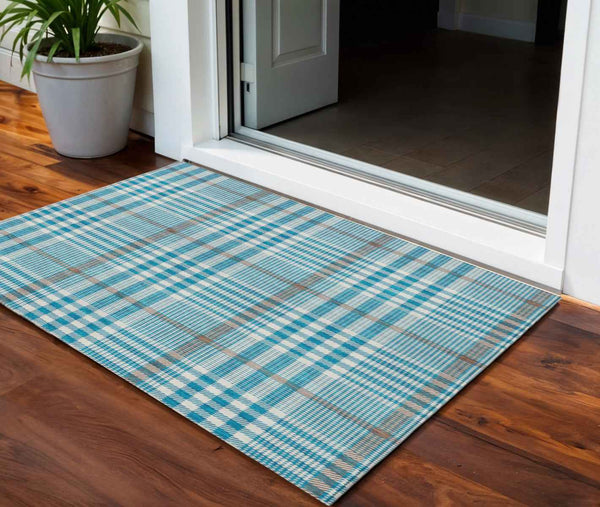 3' X 5' Teal Blue Ivory And Brown Plaid Washable Indoor Outdoor Area Rug