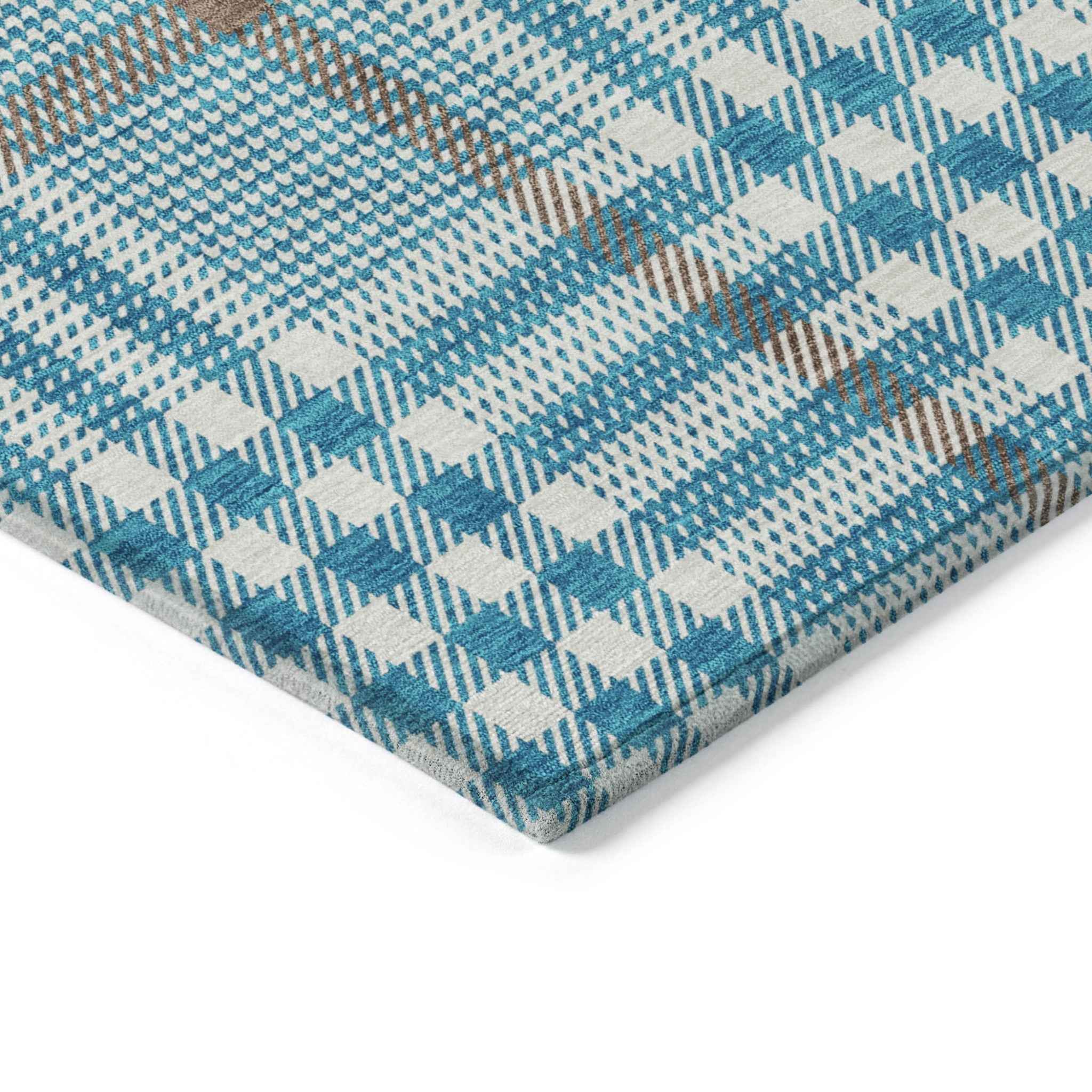 3' X 5' Teal Blue Ivory And Brown Plaid Washable Indoor Outdoor Area Rug