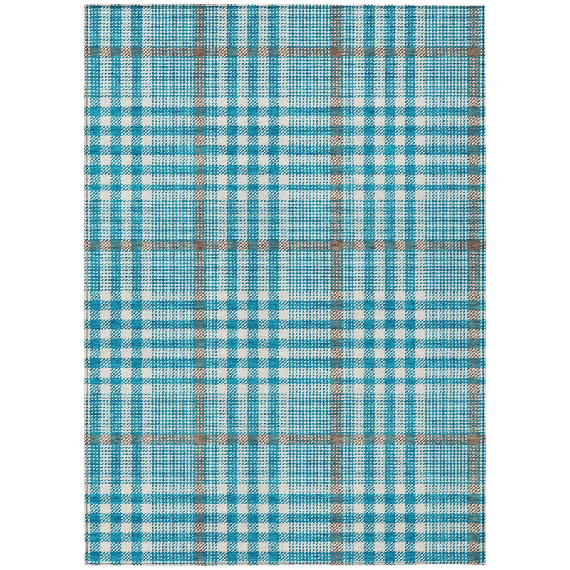 3' X 5' Teal Blue Ivory And Brown Plaid Washable Indoor Outdoor Area Rug