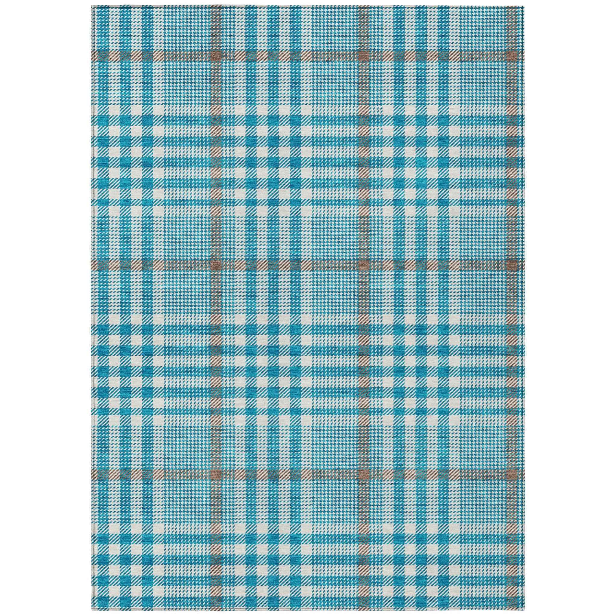 8' X 10' Teal Blue Ivory And Brown Plaid Washable Indoor Outdoor Area Rug