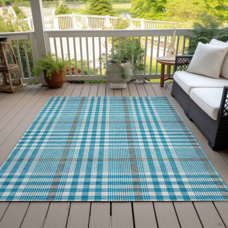 8' X 10' Teal Blue Ivory And Brown Plaid Washable Indoor Outdoor Area Rug