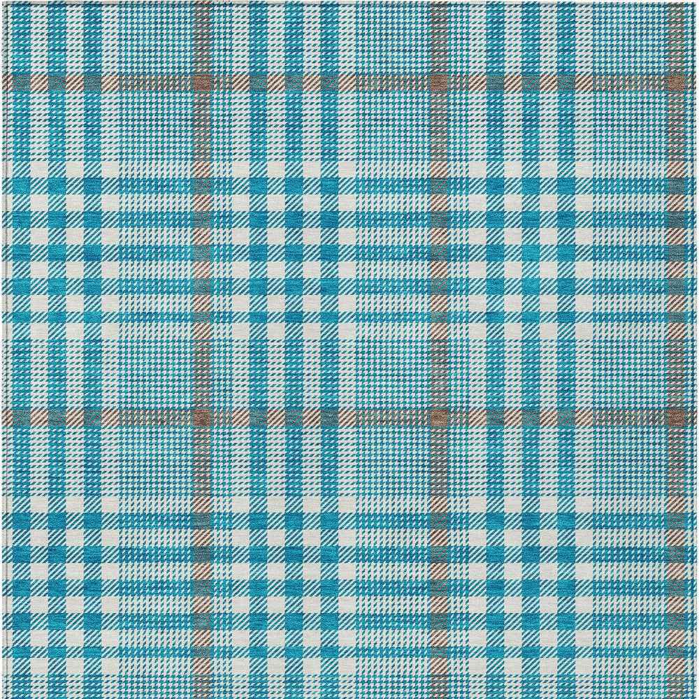 8' X 10' Teal Blue Ivory And Brown Plaid Washable Indoor Outdoor Area Rug
