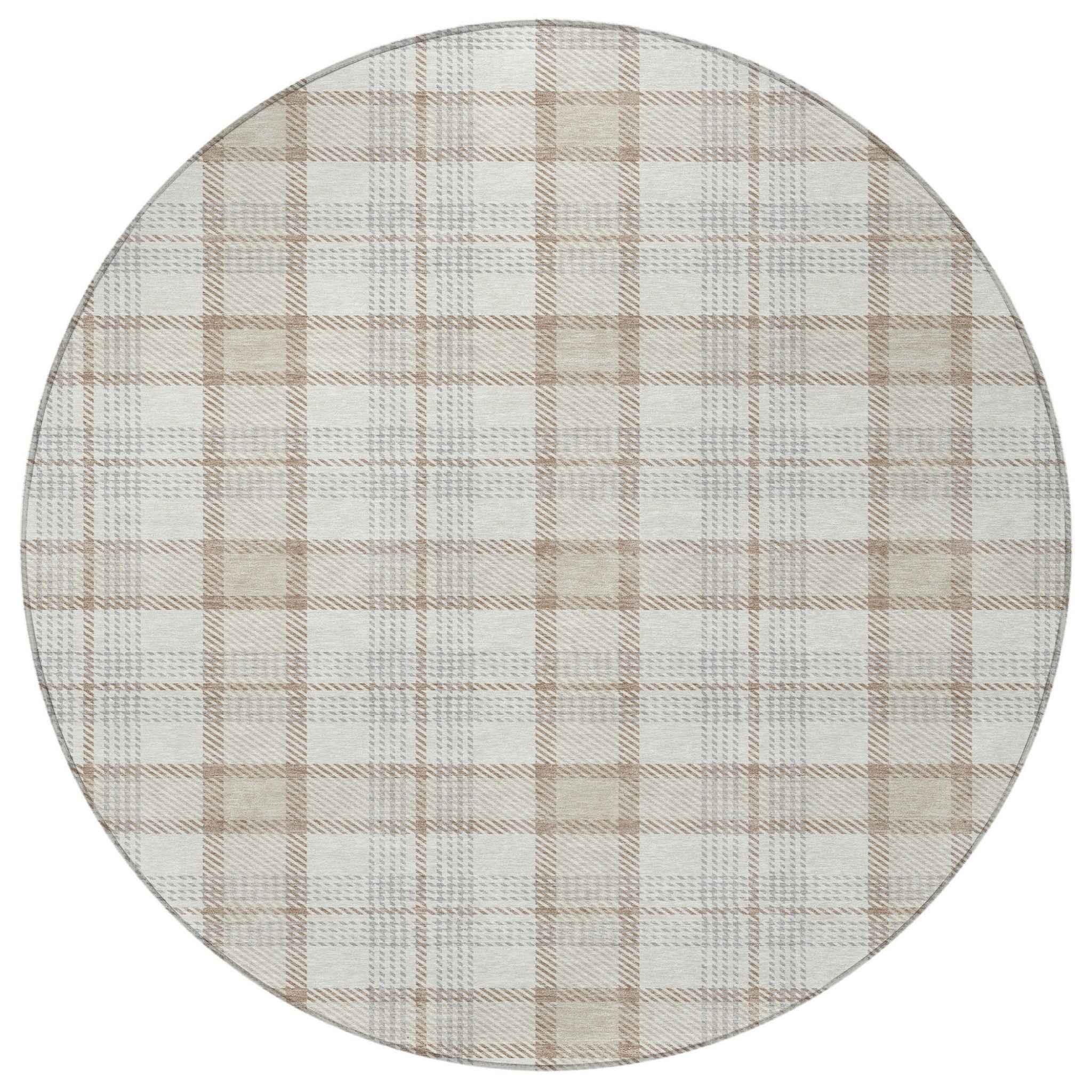 8' Linen And Brown Round Plaid Washable Indoor Outdoor Area Rug