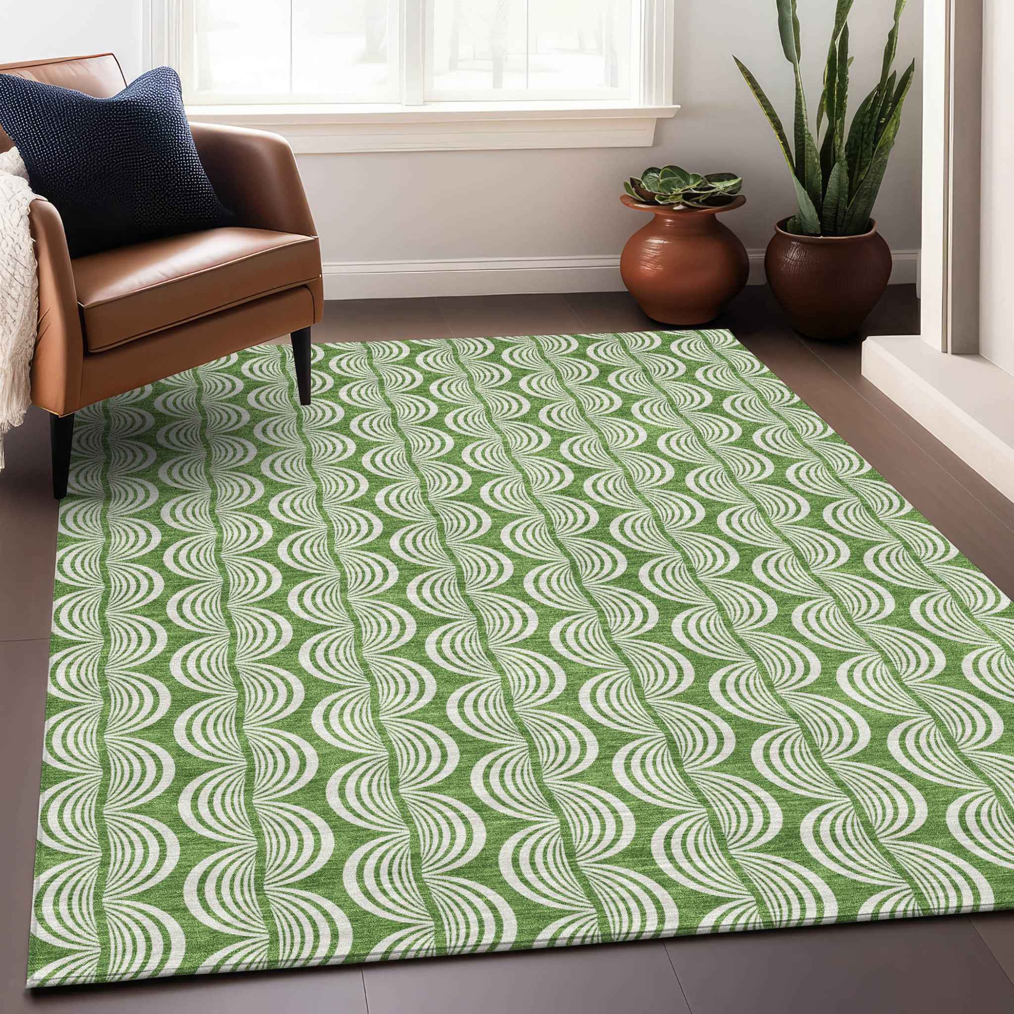 8' X 10' Green And Ivory Ogee Washable Indoor Outdoor Area Rug