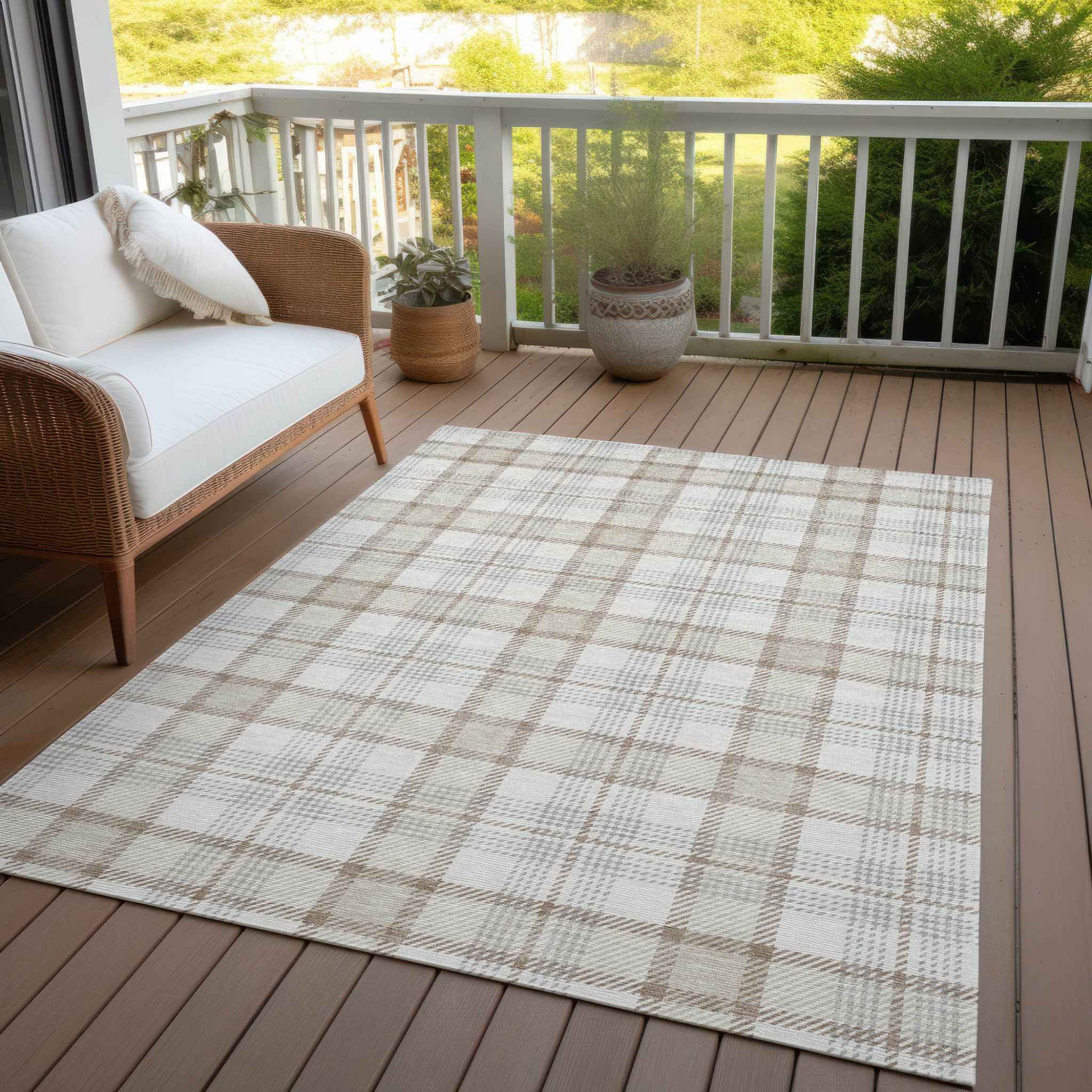 3' X 5' Linen And Brown Plaid Washable Indoor Outdoor Area Rug