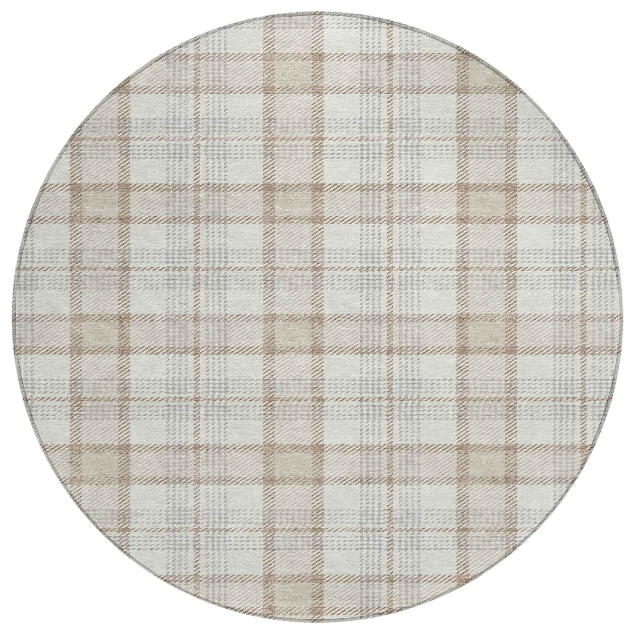 8' Linen And Brown Round Plaid Washable Indoor Outdoor Area Rug