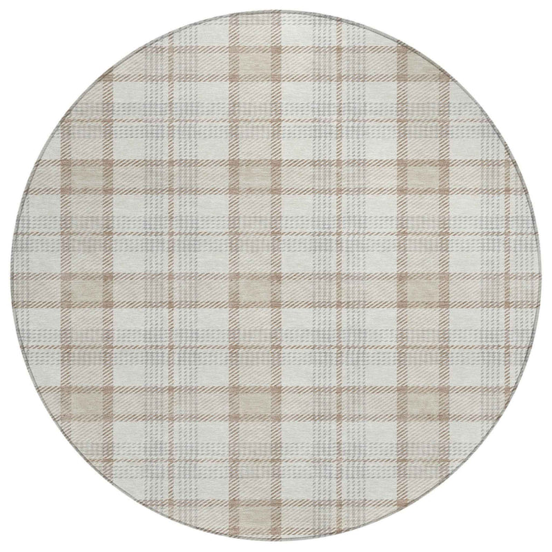 8' Linen And Brown Round Plaid Washable Indoor Outdoor Area Rug