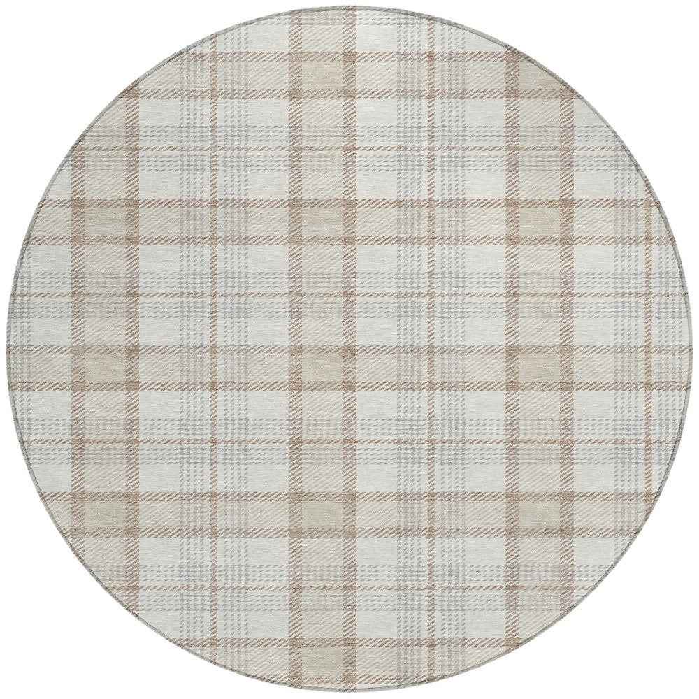 8' Linen And Brown Round Plaid Washable Indoor Outdoor Area Rug