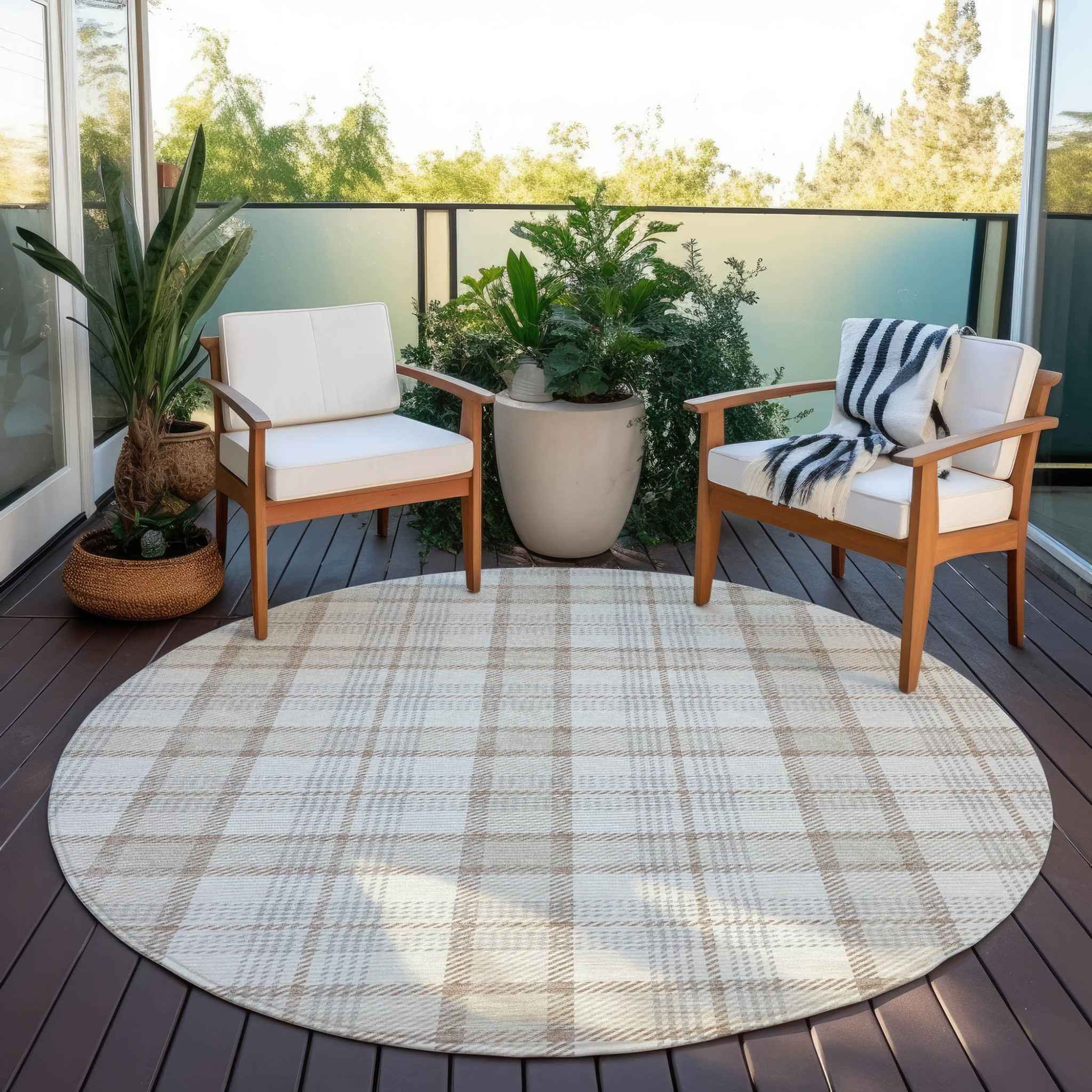 8' Linen And Brown Round Plaid Washable Indoor Outdoor Area Rug