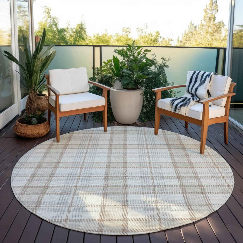 8' Linen And Brown Round Plaid Washable Indoor Outdoor Area Rug