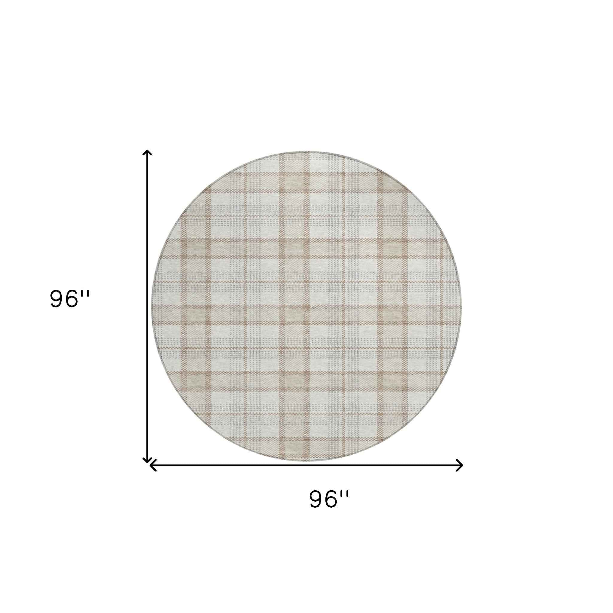 8' Linen And Brown Round Plaid Washable Indoor Outdoor Area Rug