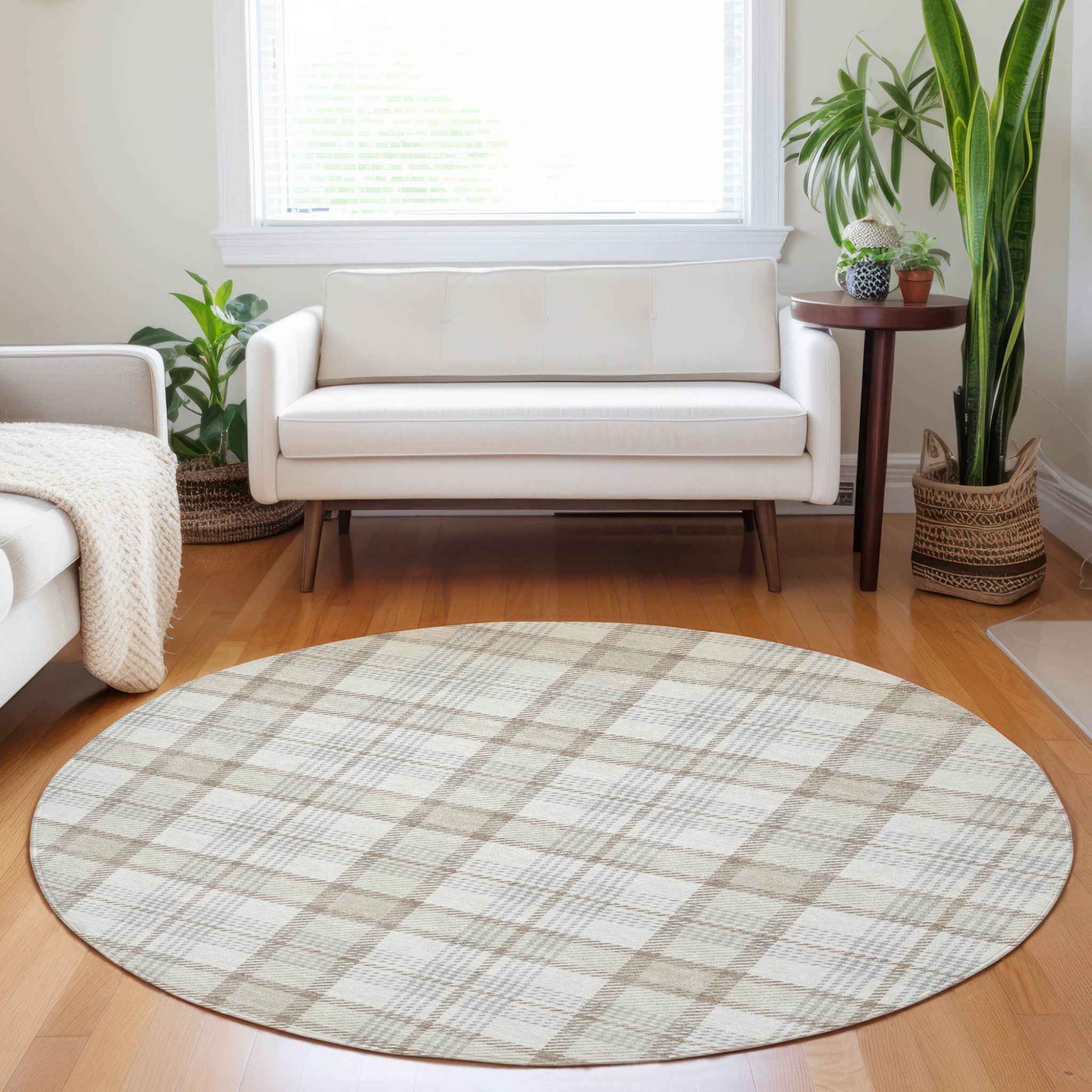 8' Linen And Brown Round Plaid Washable Indoor Outdoor Area Rug