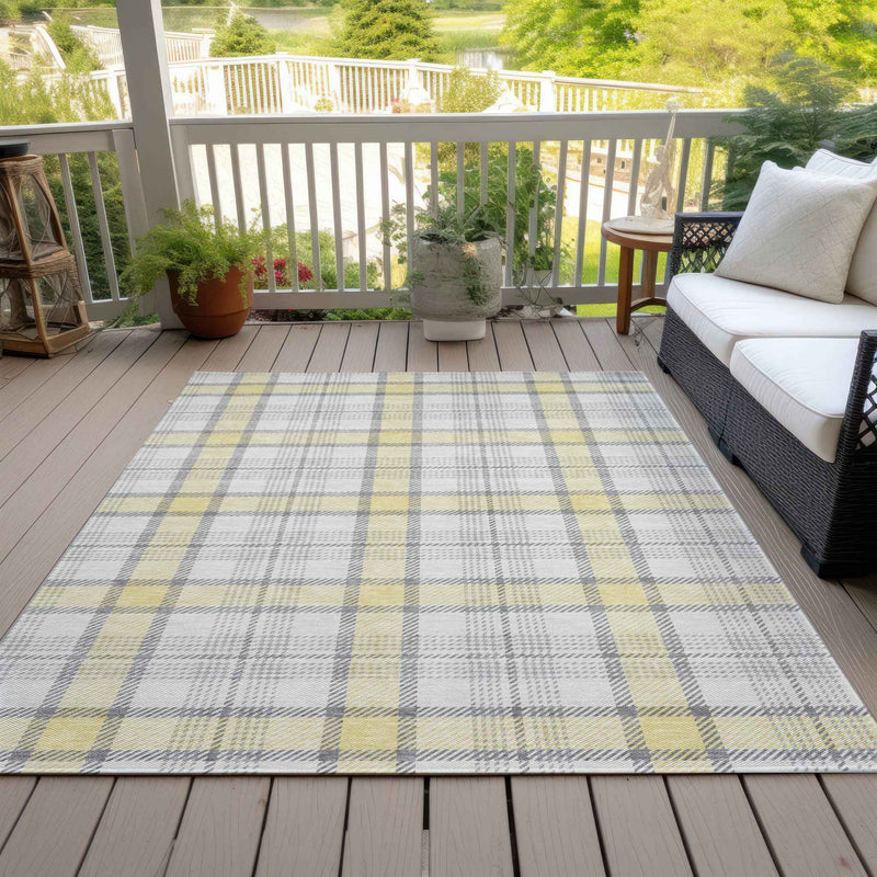 8' X 10' Yellow And Gray Plaid Washable Indoor Outdoor Area Rug
