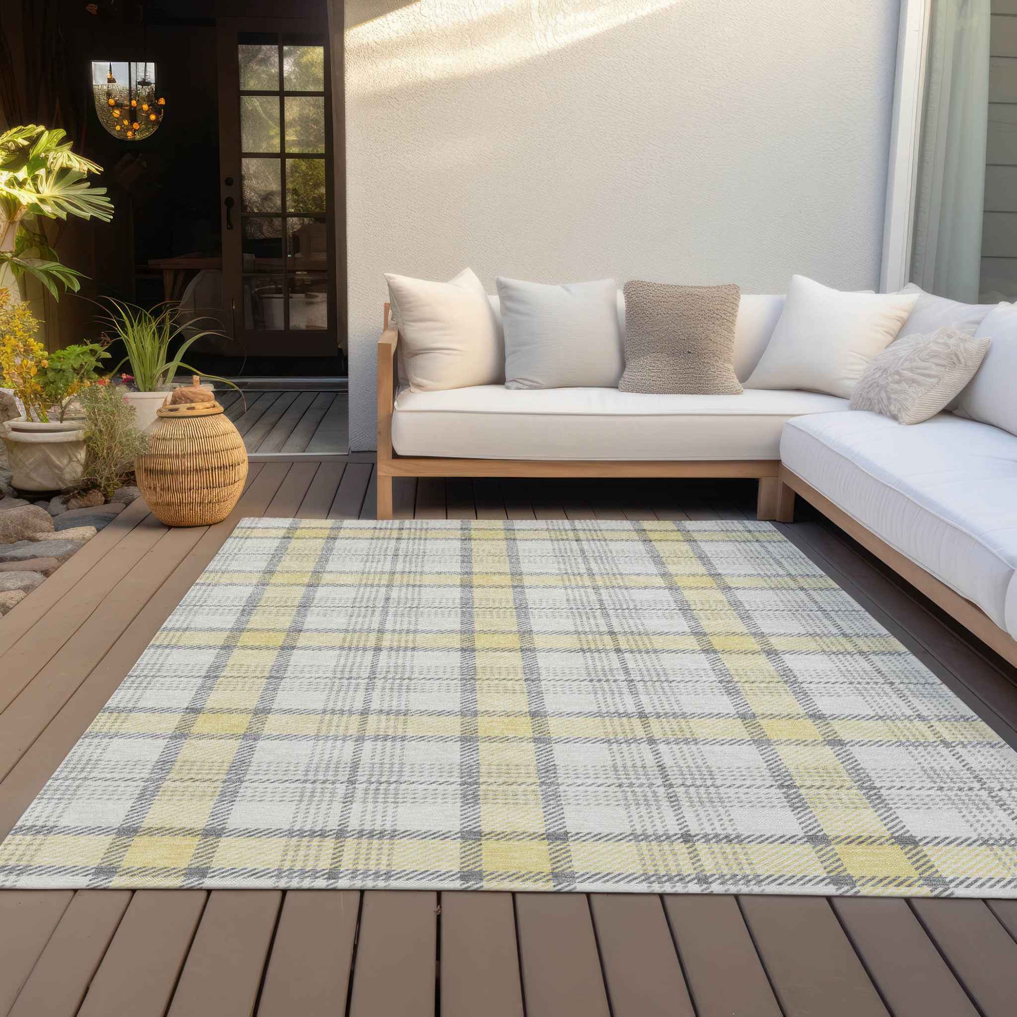 8' X 10' Yellow And Gray Plaid Washable Indoor Outdoor Area Rug