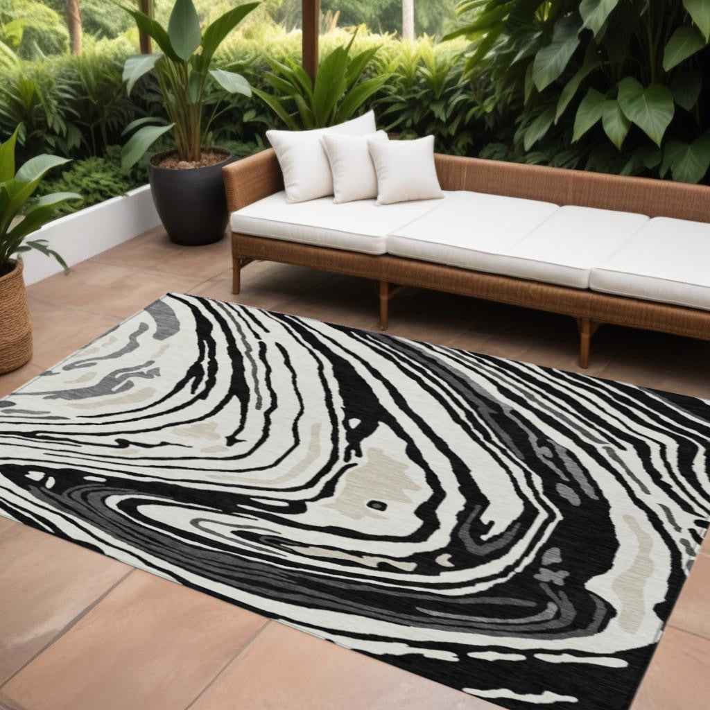 10' X 14' Black Gray And Ivory Abstract Washable Indoor Outdoor Area Rug