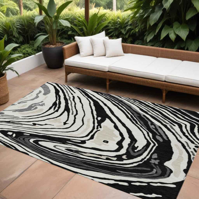 10' X 14' Black Gray And Ivory Abstract Washable Indoor Outdoor Area Rug