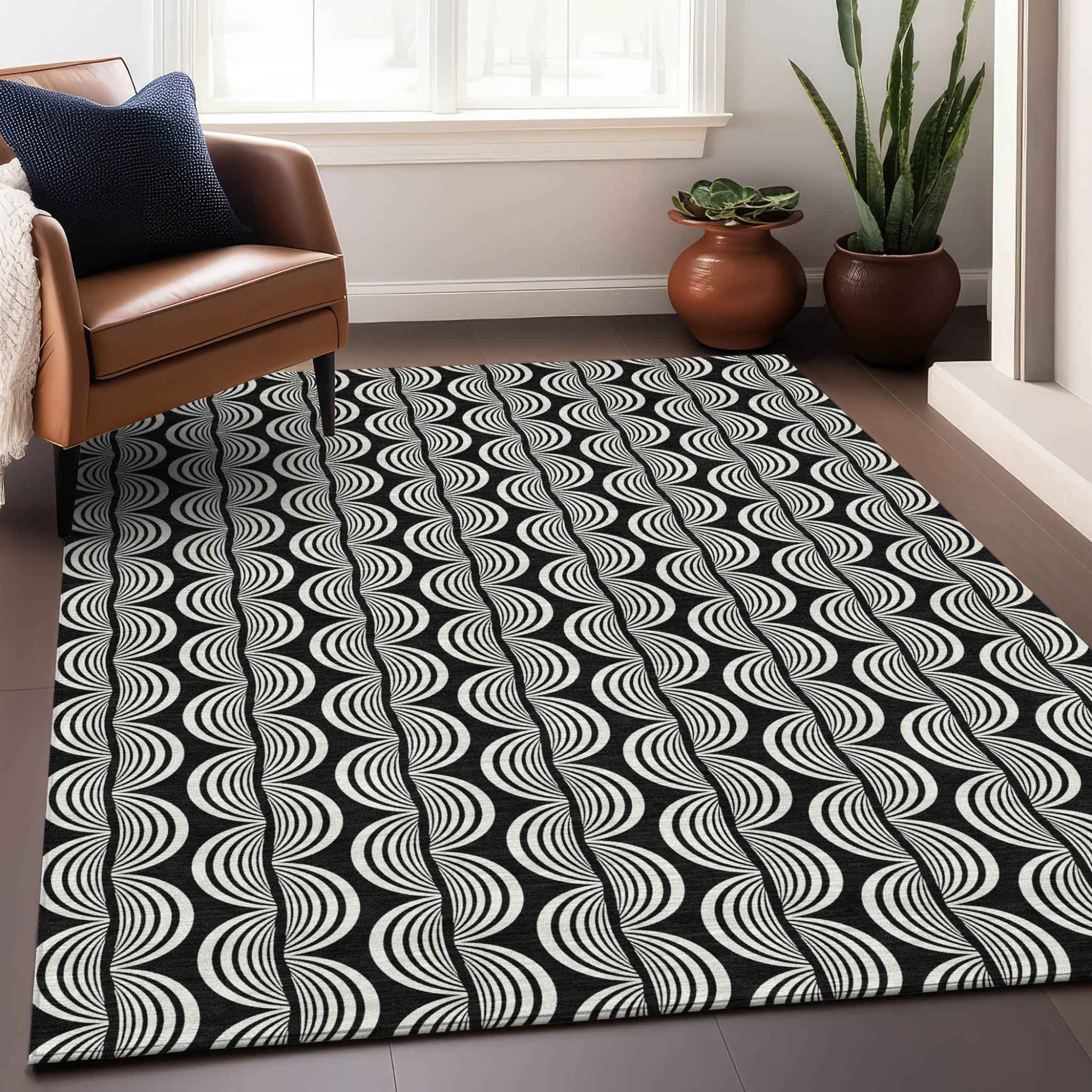 5' X 8' Black And Ivory Ogee Washable Indoor Outdoor Area Rug