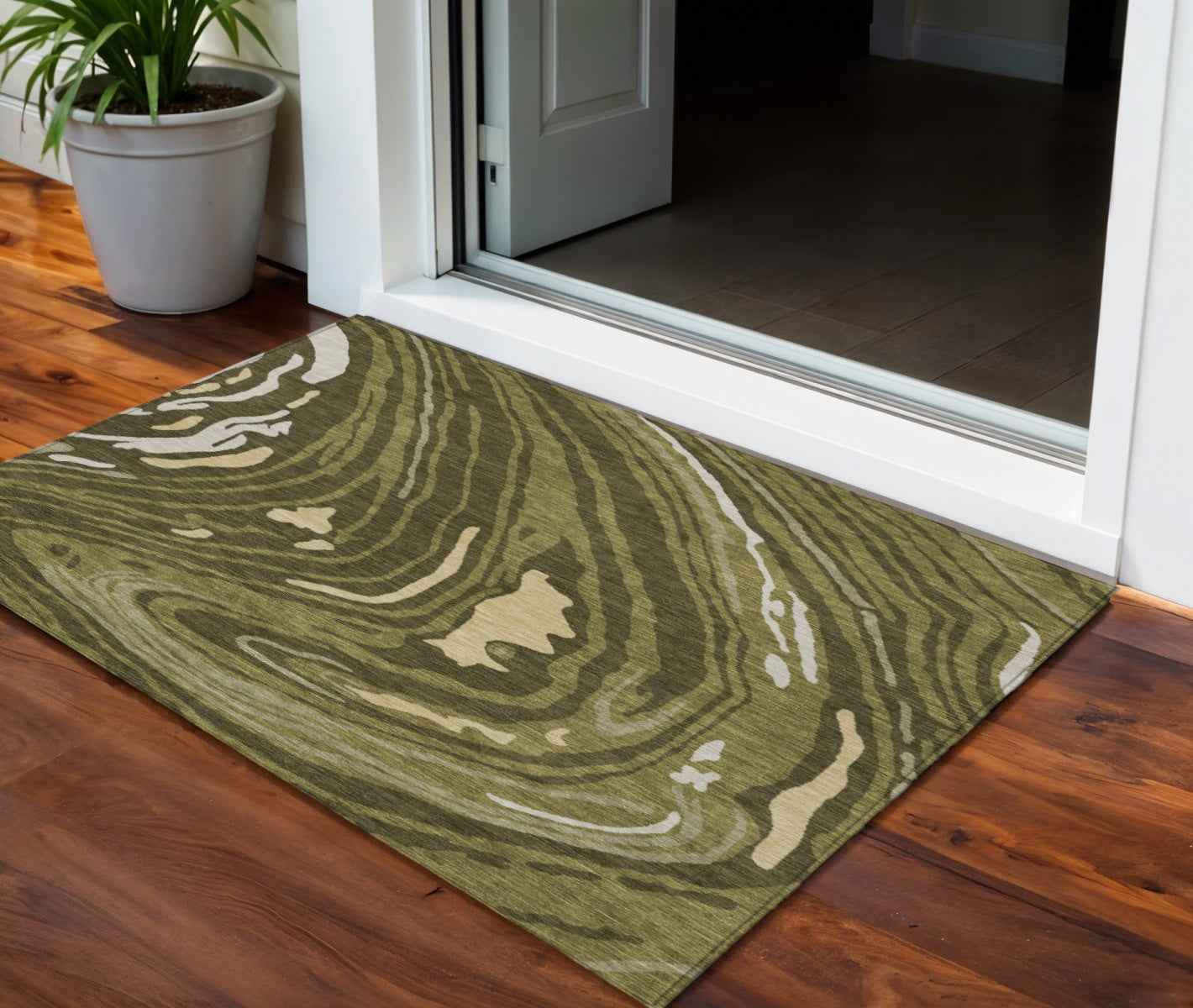 3' X 5' Olive Green And Beige Abstract Washable Indoor Outdoor Area Rug