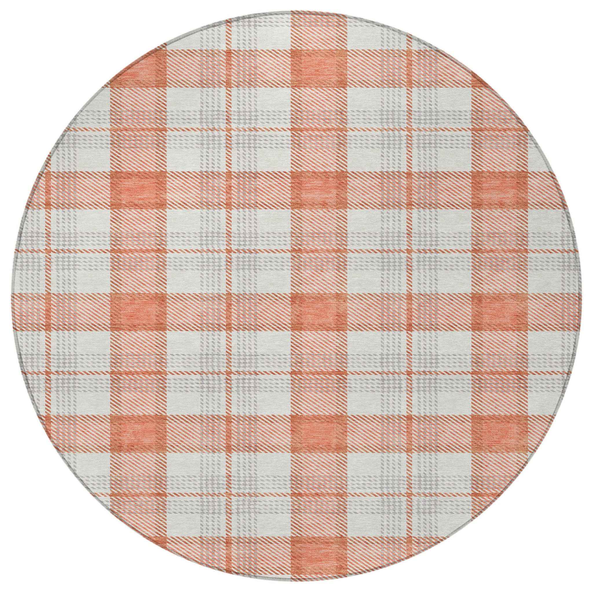 8' Coral And Beige Round Plaid Washable Indoor Outdoor Area Rug