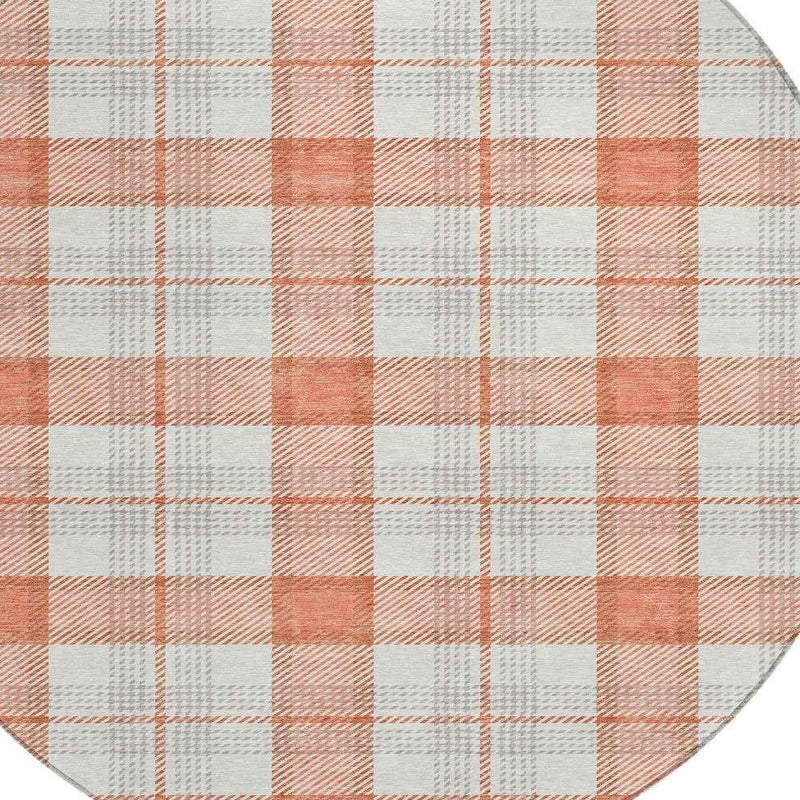 8' Coral And Beige Round Plaid Washable Indoor Outdoor Area Rug