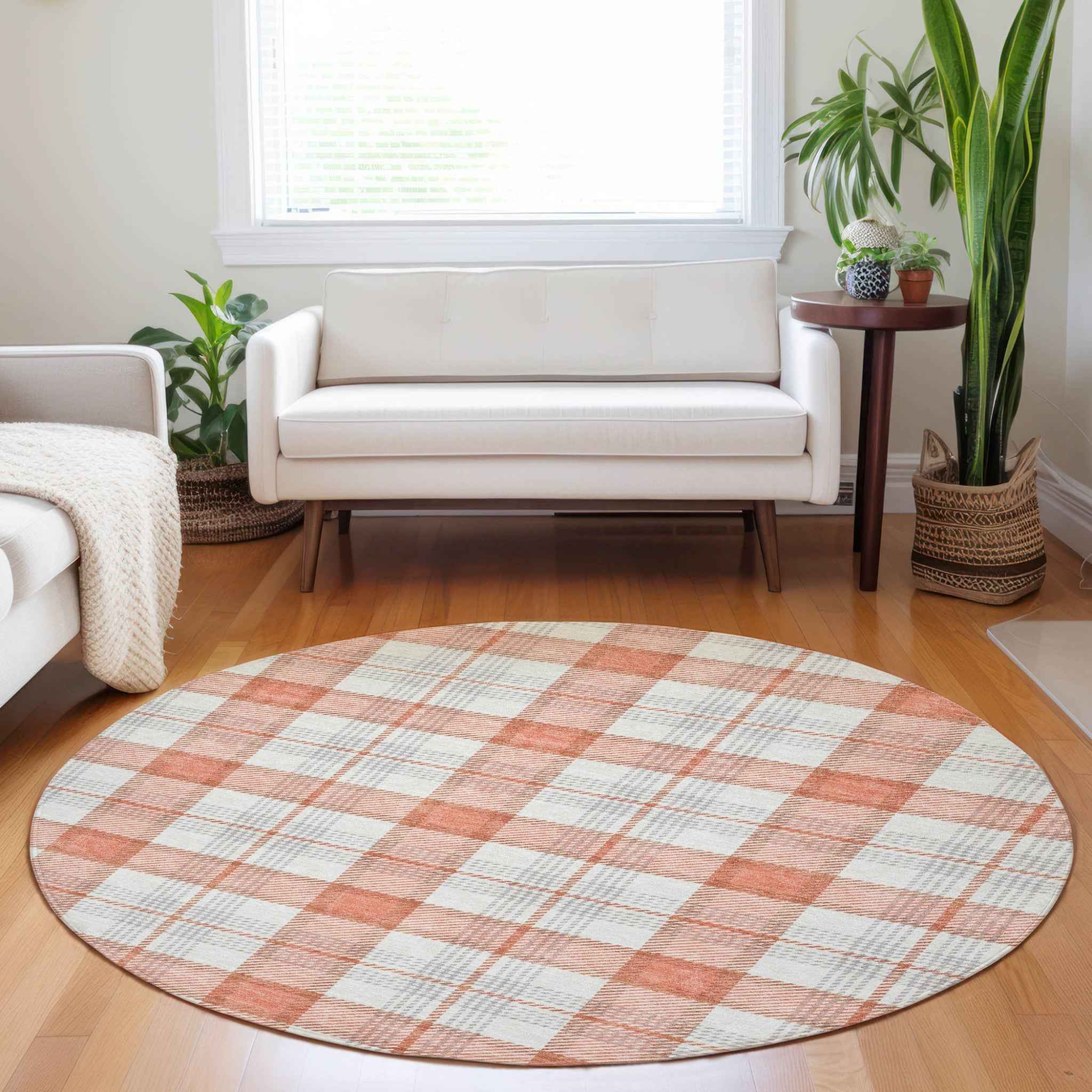 8' Coral And Beige Round Plaid Washable Indoor Outdoor Area Rug