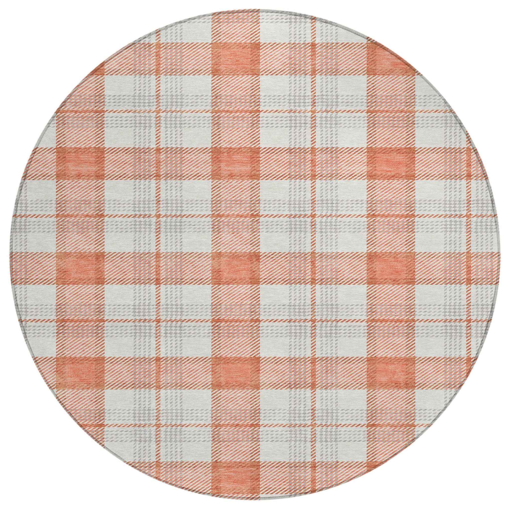 8' Coral And Beige Round Plaid Washable Indoor Outdoor Area Rug