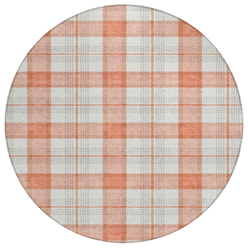 8' Coral And Beige Round Plaid Washable Indoor Outdoor Area Rug