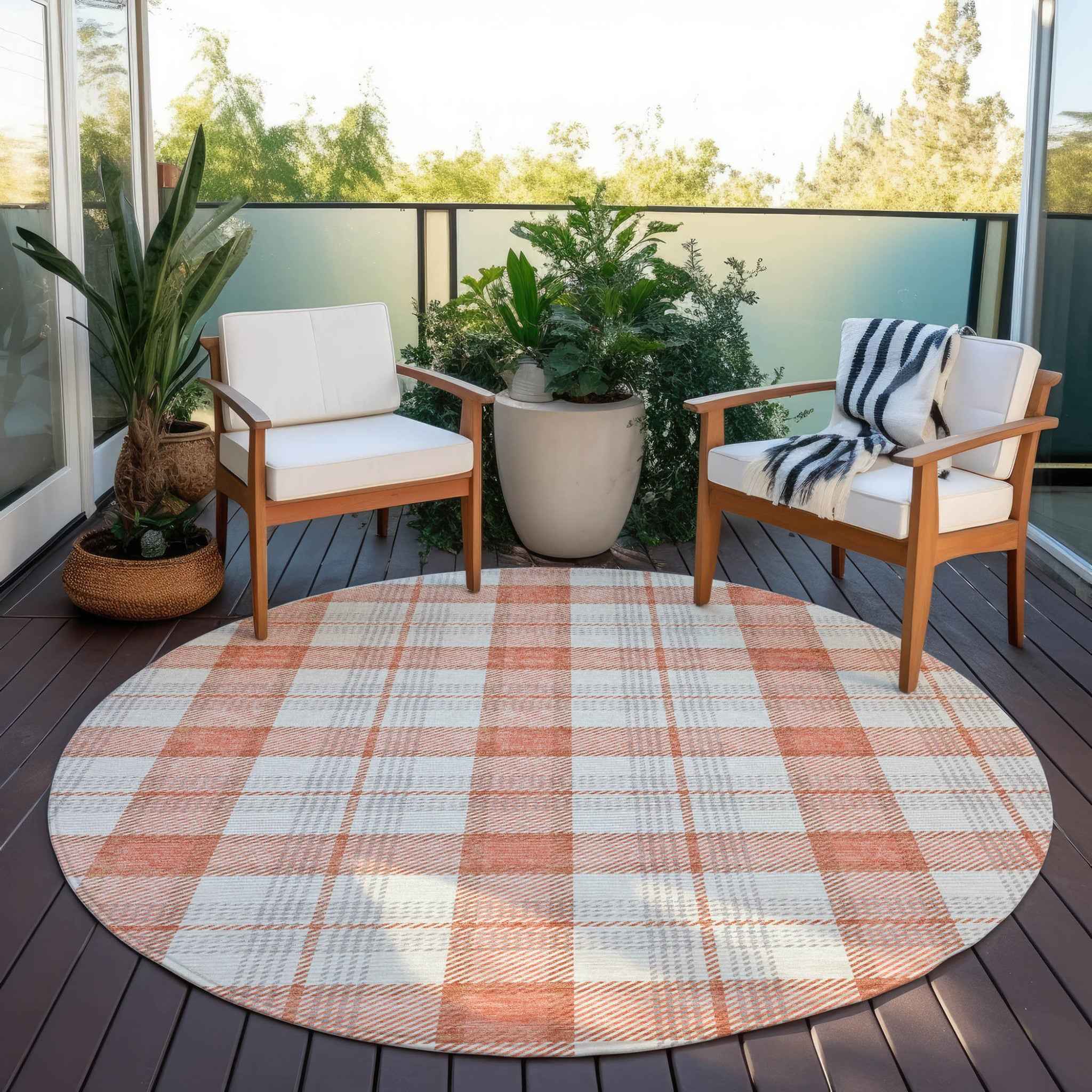 8' Coral And Beige Round Plaid Washable Indoor Outdoor Area Rug