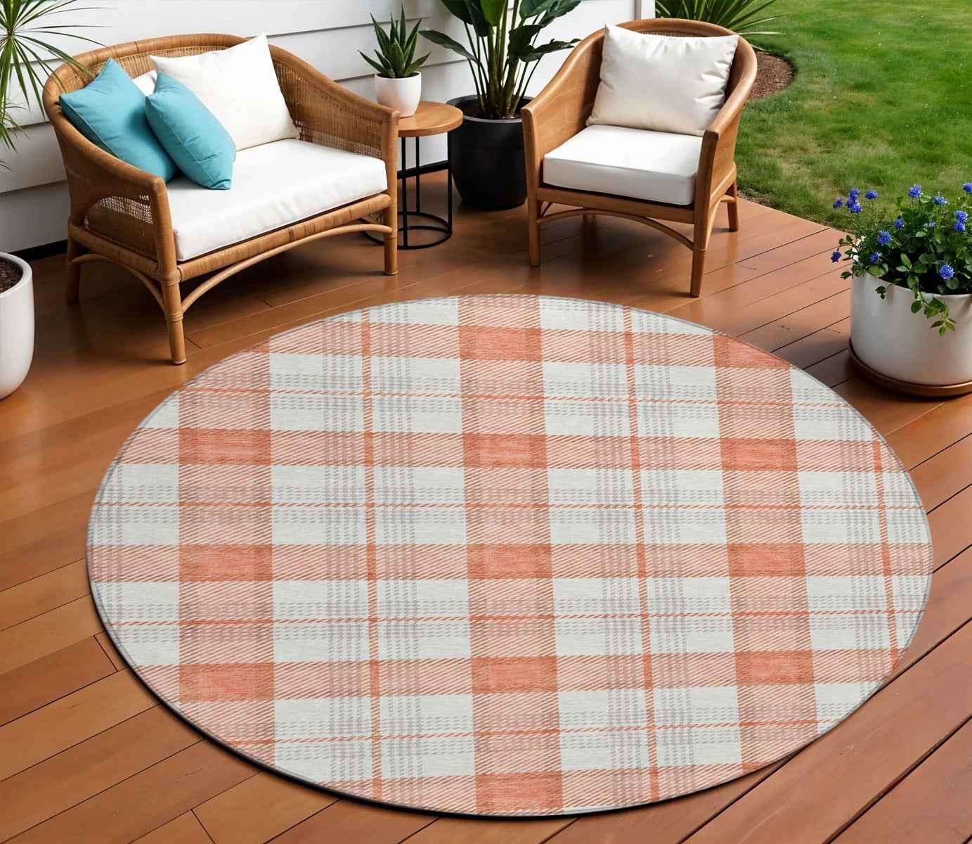 8' Coral And Beige Round Plaid Washable Indoor Outdoor Area Rug