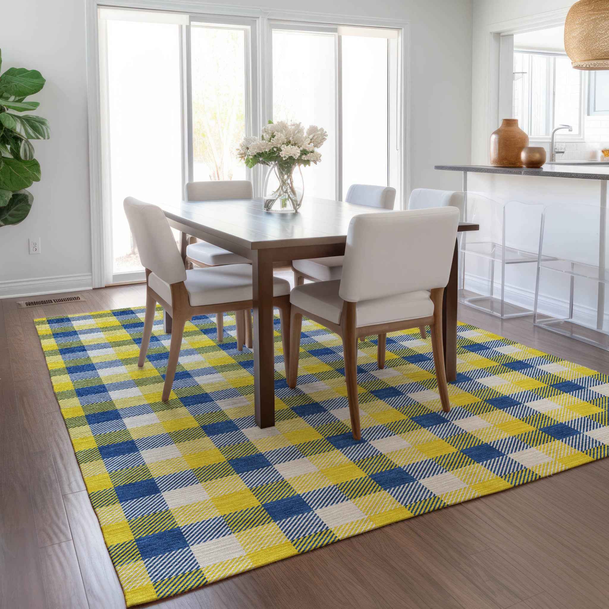 8' X 10' Yellow Blue And Beige Plaid Washable Indoor Outdoor Area Rug