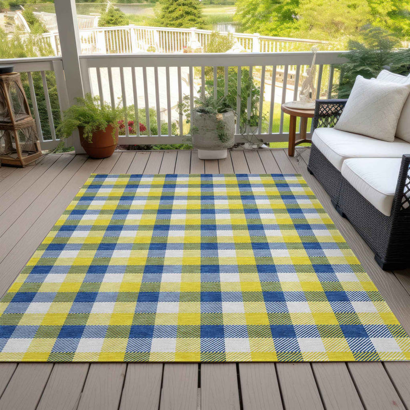 8' X 10' Yellow Blue And Beige Plaid Washable Indoor Outdoor Area Rug