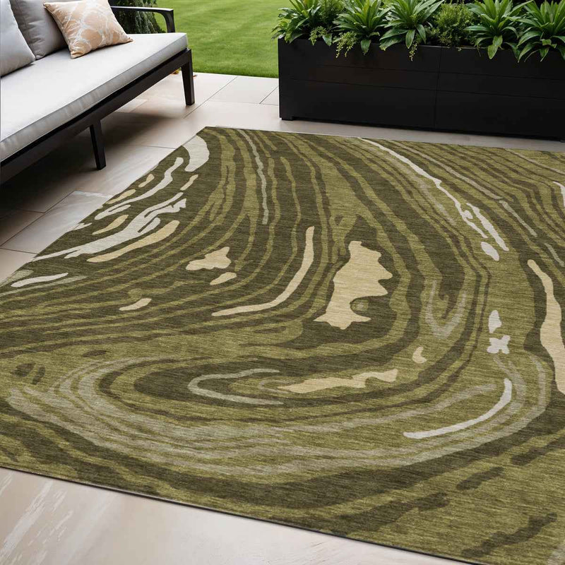 5' X 8' Olive Green And Beige Abstract Washable Indoor Outdoor Area Rug